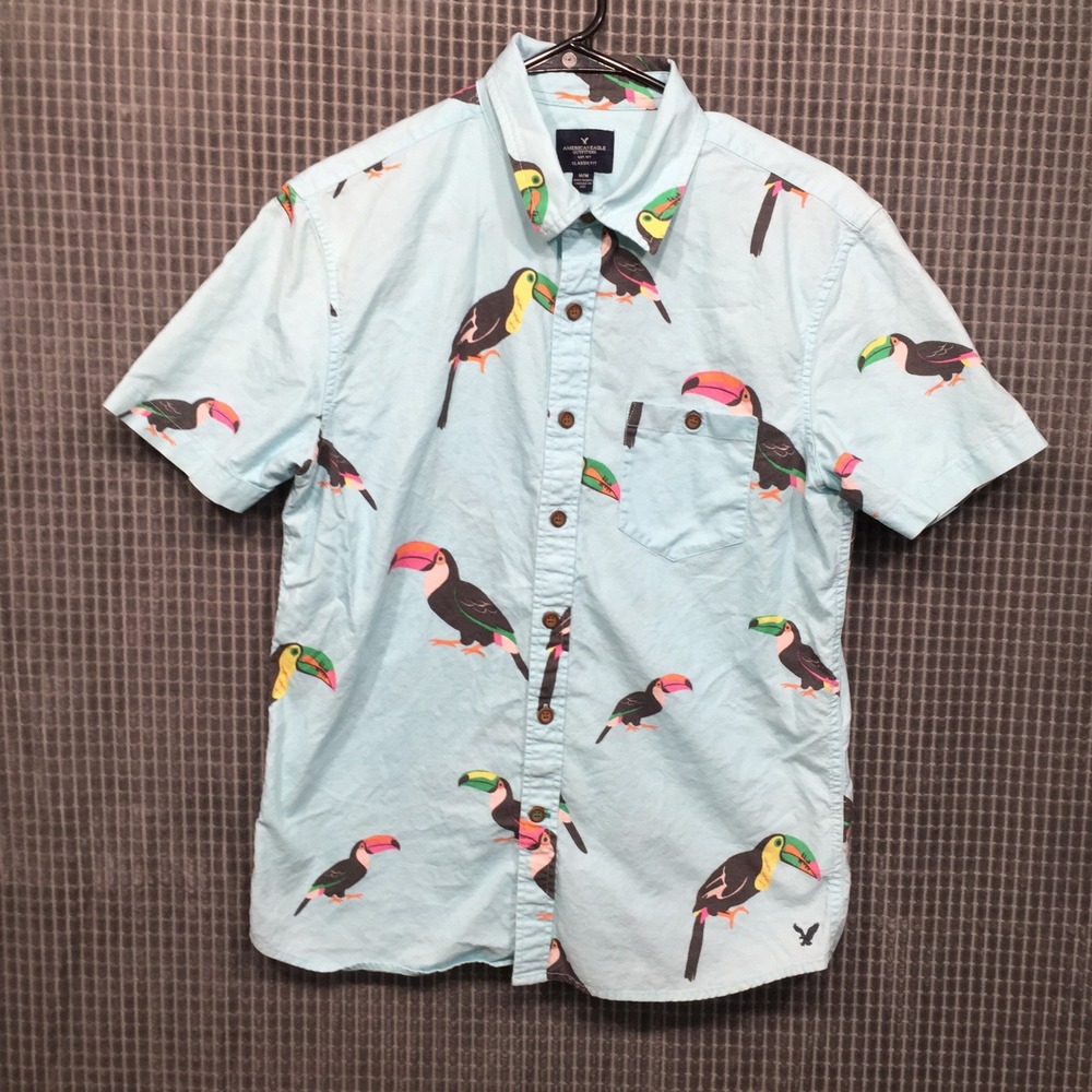 American Eagle Mens Toucan Print Short‎ Sleeve Button Down Shirt Blue Medium M